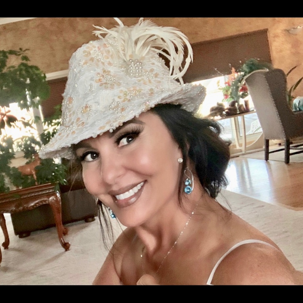 White and cream with pearls hat